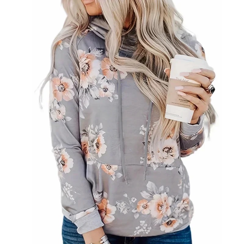 Women\'s Plus Size 1XL-5XL Floral Print Long Sleeve Hooded Pullover Sweatshirt Ladies Casual Drawstring Pockets Hood Tops