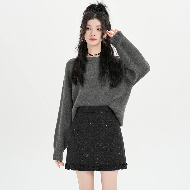 2026 Fall Winter Woolen Mini Skirt Sparkle Sequins Ruffle Hem High Waist Slim A-line Pencil Short Skirt For Women
