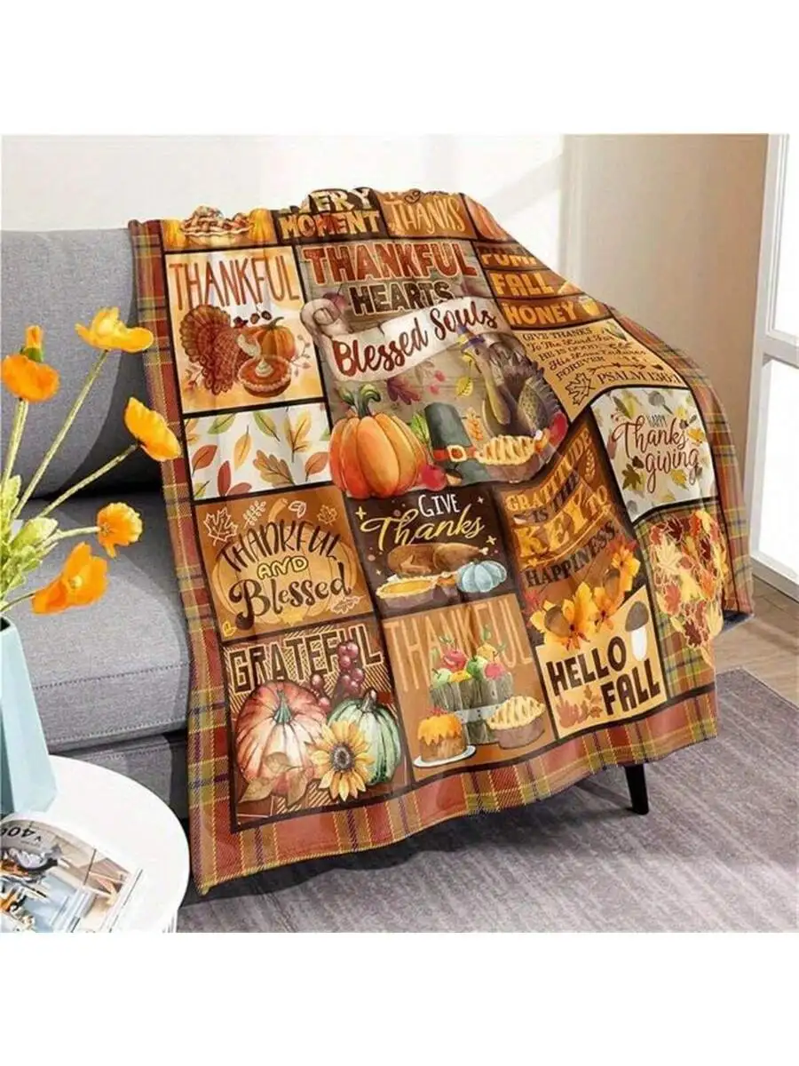 Thanksgiving Pumpkin Plaid Throw Blanket, Fall Decor with Turkey Maple Leaf Pattern, Cozy Couch Bed Sofa Blanket for Autumn