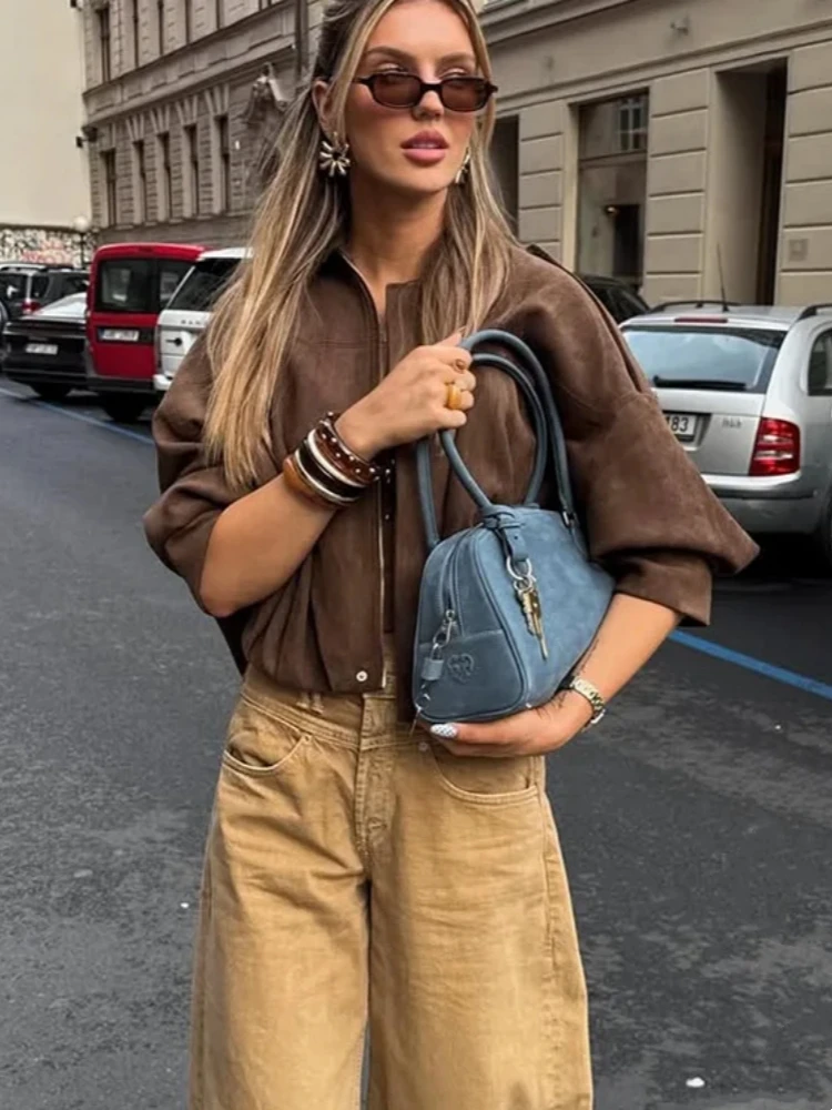 

Vintage Brown Lapel Suede Loose Jacket Autumn New Women Casual Lantern Sleeve Zipper Pocket Coats High Street Women Outwear