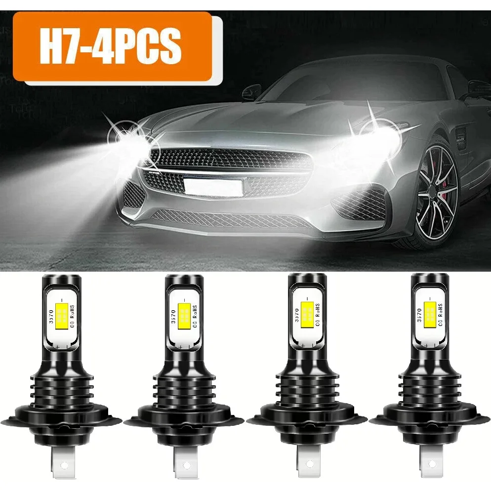4 قطع H7+ H7 LED مجموعة المصابيح الأمامية مجموعة المصابيح الكهربائية شعاع عالي ومنخفض 6500K أبيض فائق السطوع.