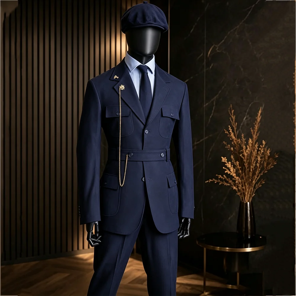 Solid Color Chic Men's Suit Safari Style 2 Pieces Multi Pocket Blazer Pants Set Vintage Formal Business Wedding Groom Costume