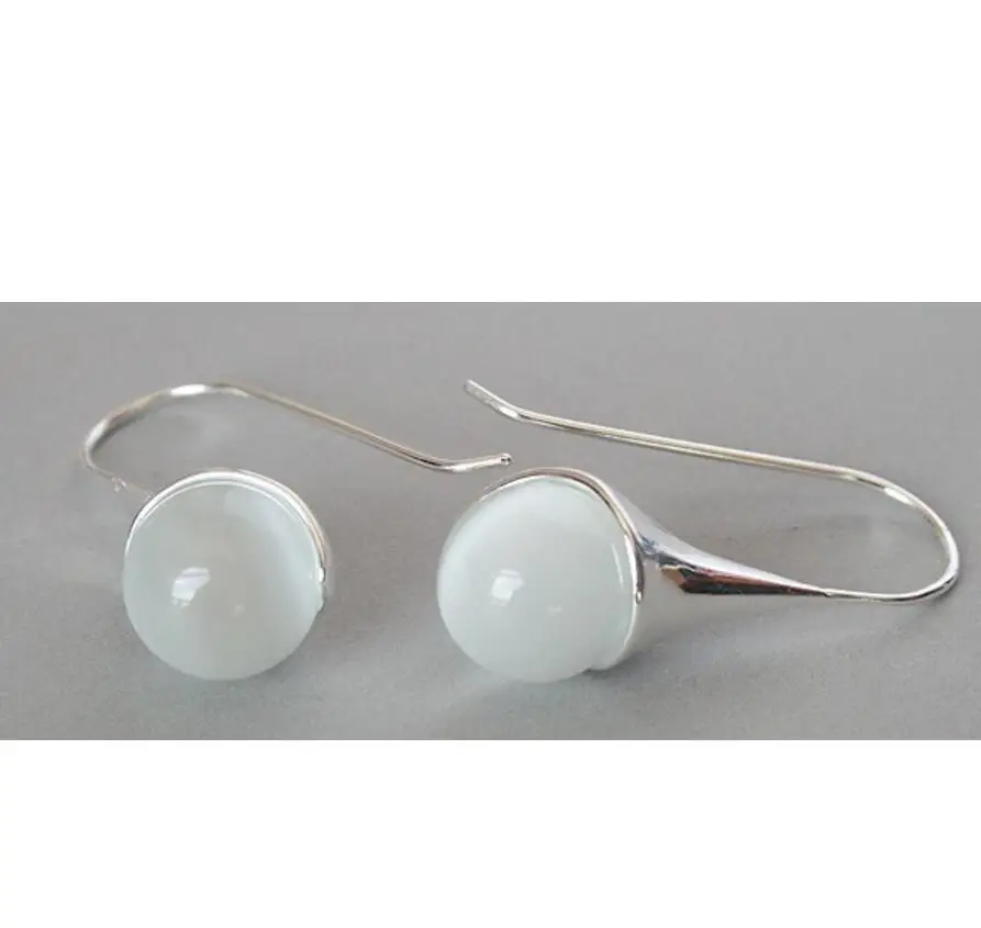 

14mm White Cat's Eye stone Opal 925 Sterling A Hook Earring 1 1/2' valentine's Natural bread big earrings