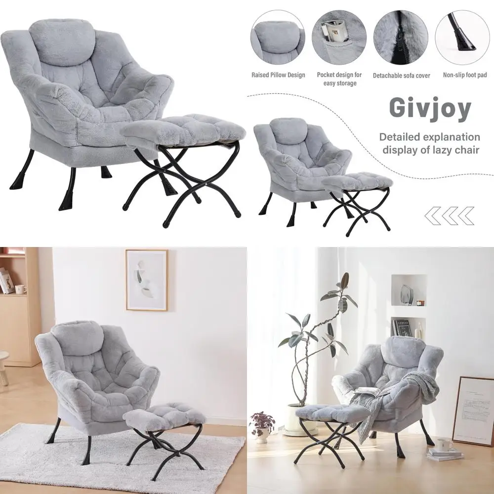 Large Modern Lounge Chair with Ottoman, Plush Armrests and Side Pocket for Comfortable Relaxation