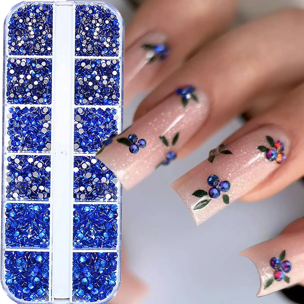 

12Grid 3D Blueberry Rhinestones Mini Gem Nail Charms SS4-SS16 Mix Glass Crystal Blue Diamond Nail Jewelry For DIY Blueberry Nail