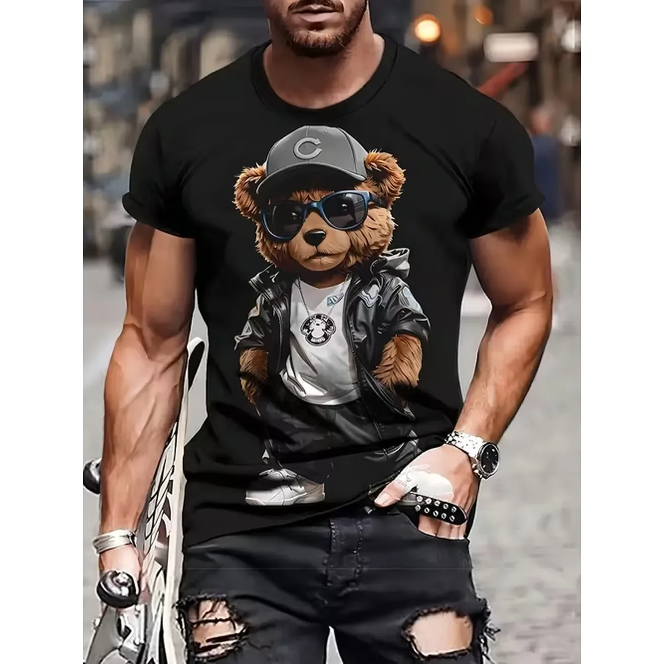 Mens Funny Graphic T Shirt Cool Bear With Fashion Glasses Urban Soft Breathable Polyester Shirt For Parties Casual Attire Washable Round Neck Casual Top Bear T Shirt Party Outfit Design Durable Material Short Sleeve