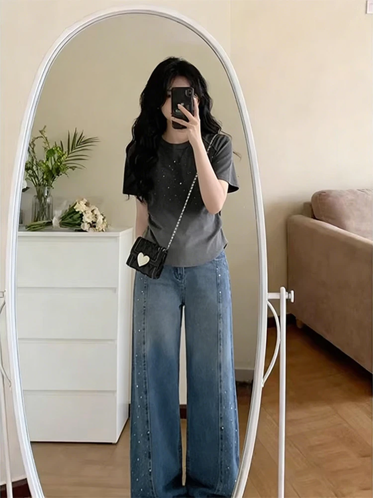 

Летний новый повседневный комплект: облегающая футболка с коротким рукавом, джинсы с градиентным эффектом и инкрустацией стразами, комплект из двух предметов, женская мода