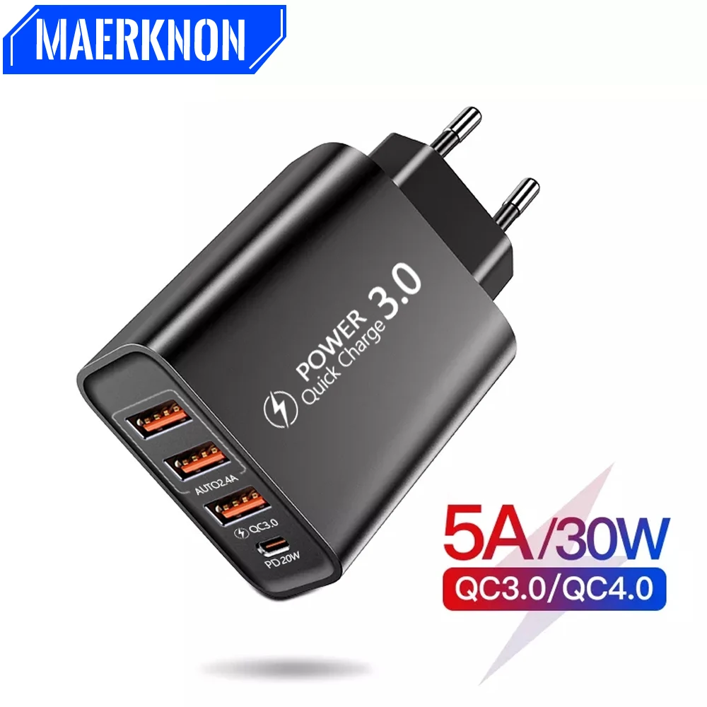 30W USB Quick Charge3.0 Charger 4 Ports PD Wall Charger Adapter USB C Phone Charger For iphone Samsung Huawei Xiaomi EU/US Plug