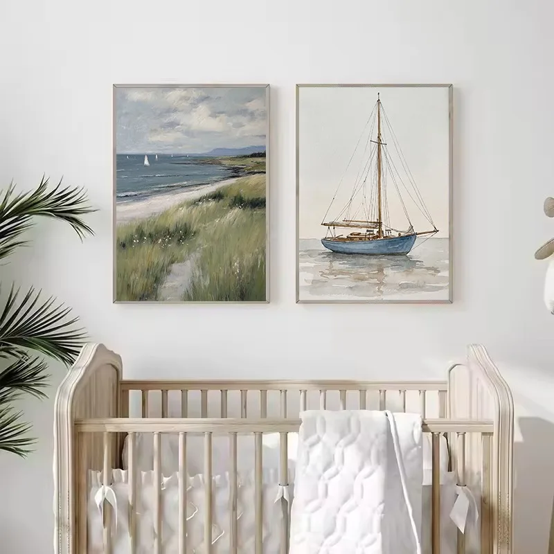Vintage Coastal Sailboats Nautical Seaside Hydrangeas Meadow Landscape Poster Canvas Painting Wall Art Pictures Home Decor