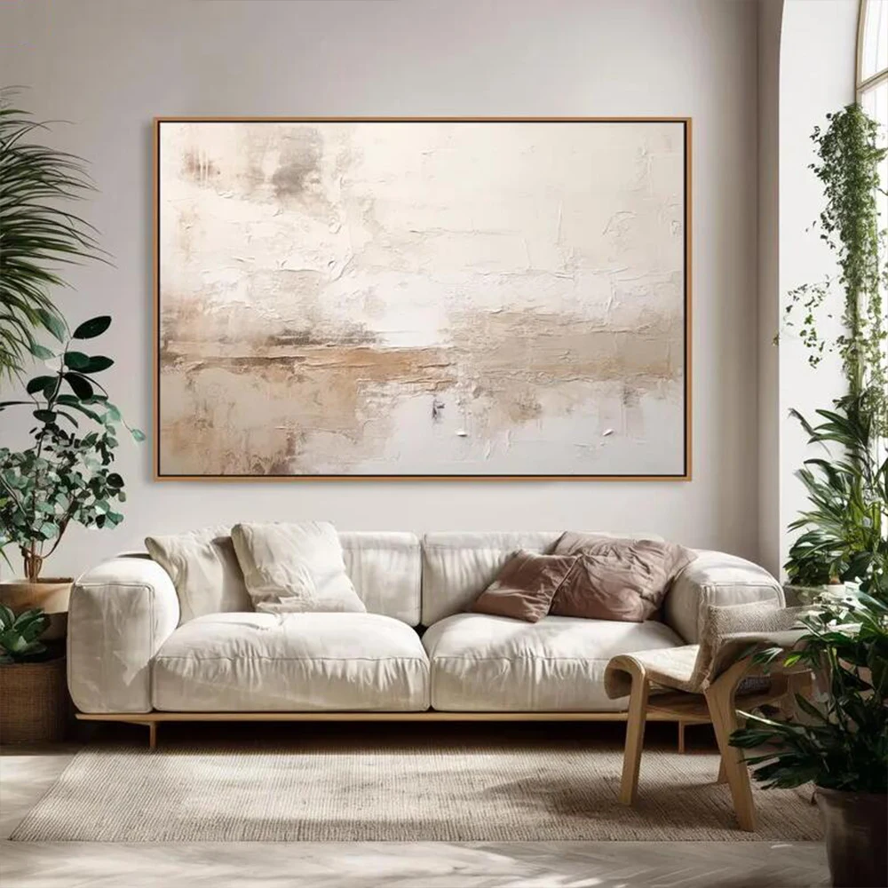 Ręcznie Malowane Obrazy na Płótnie, Teksturowane Beżowe Abstrakcyjne Obrazy Olejne, Dekoracje Organiczne Wabi Sabi do Salonu, Sypialni, Neutralne Minimalkalistyczne