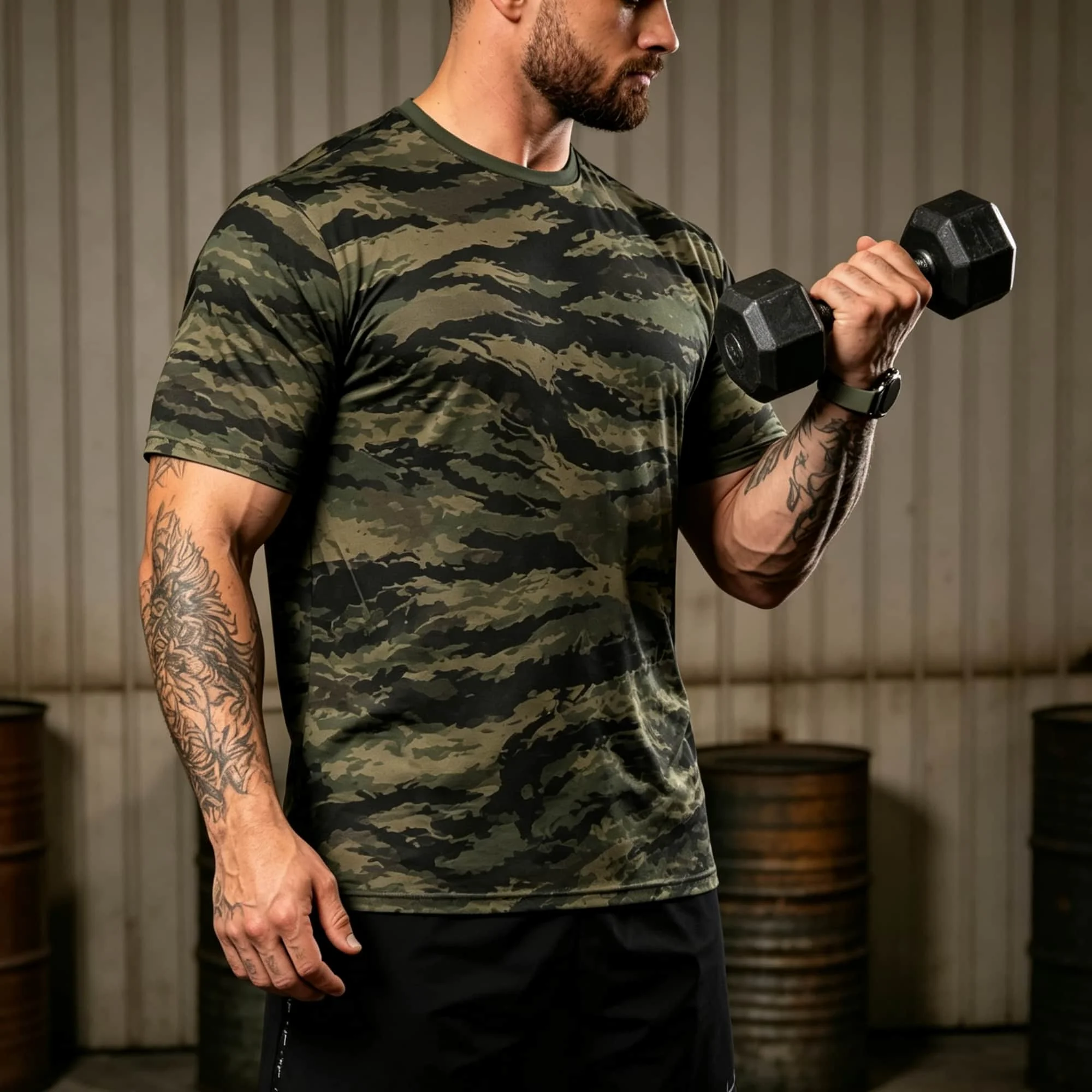 Herren Tigerstreifen Camo Kurzarm-T-Shirt Schnelltrocknend Dehnbares Sportshirt Militär-Camouflage Fitness-Workout-Training Sport-Oberteil – Detail 3