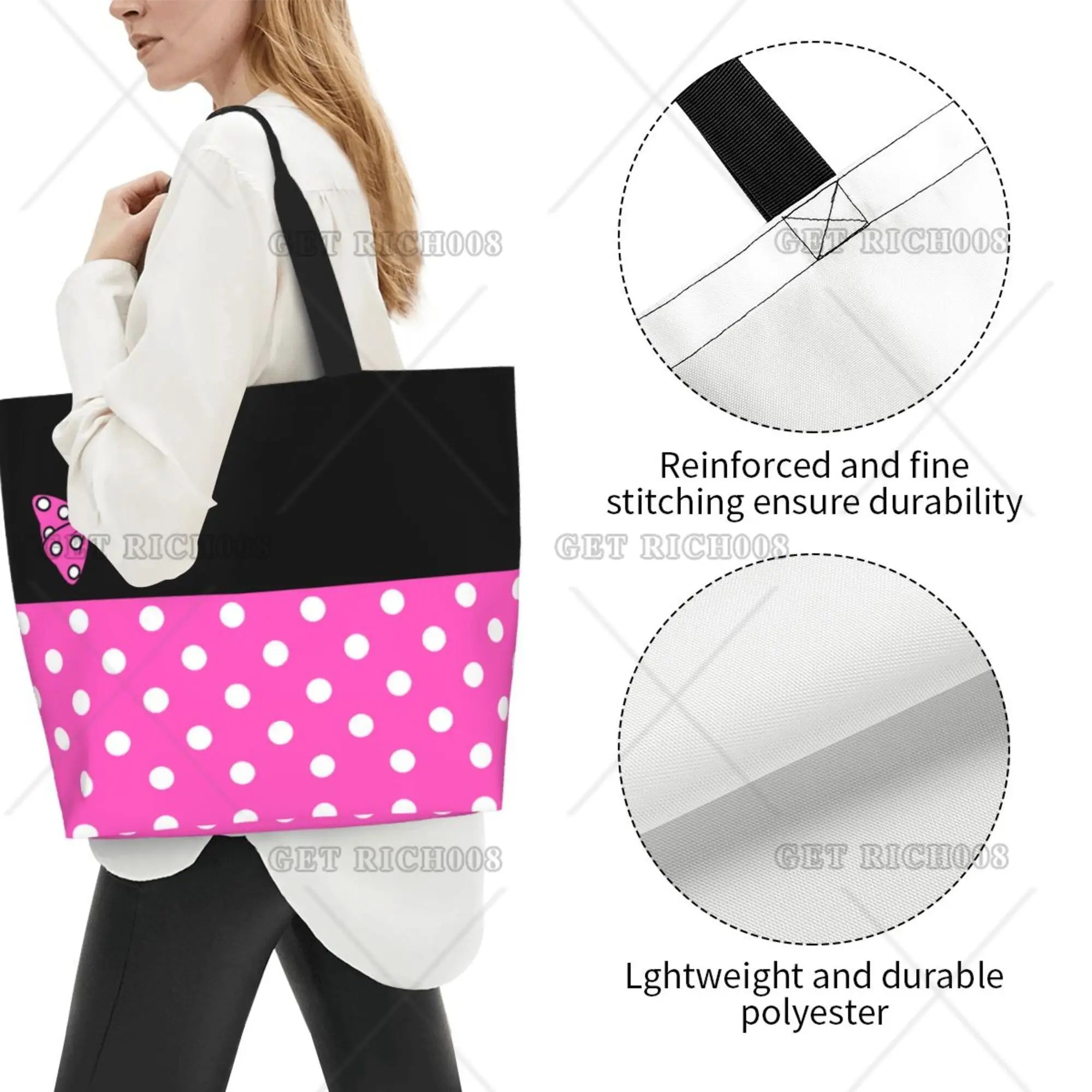 Bow Polka Dots Cartoon Pink Women Shoulder Shopping Bag Eco Bag Cute Tote Bag Fashion One Size Large HandBag