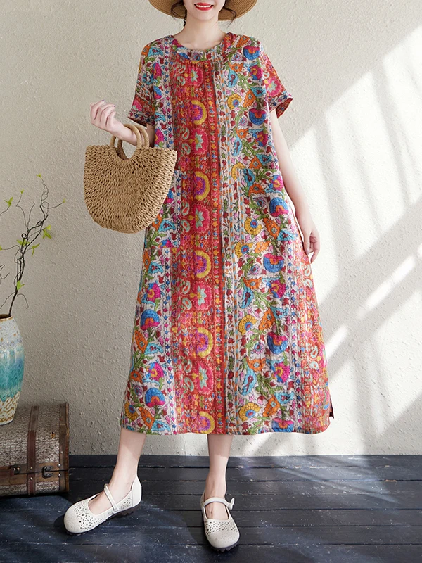 Vestido solto de linho de aodão estampado casual manga curta vestido f verão e em torno do pescoço emaecime...