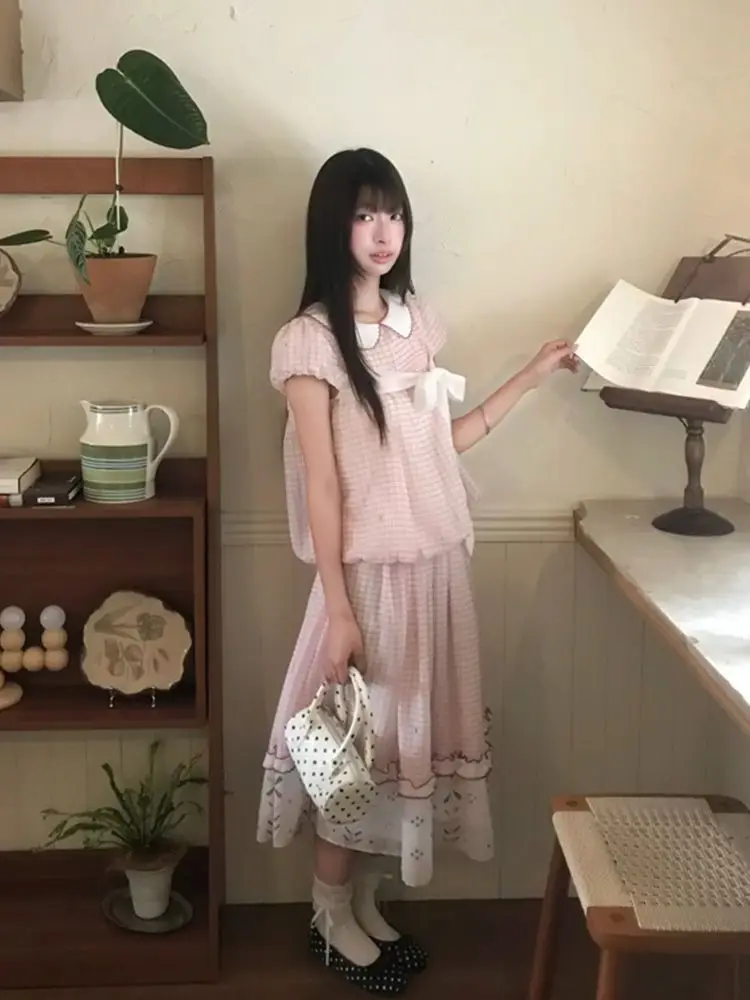 Coquette Sweet Summer Pink Gingham 2 Piece Set Women Bow Ruffle Trim Peter Pan Collar Top Midi Skirt Casual Party Outfit 2026 view 3