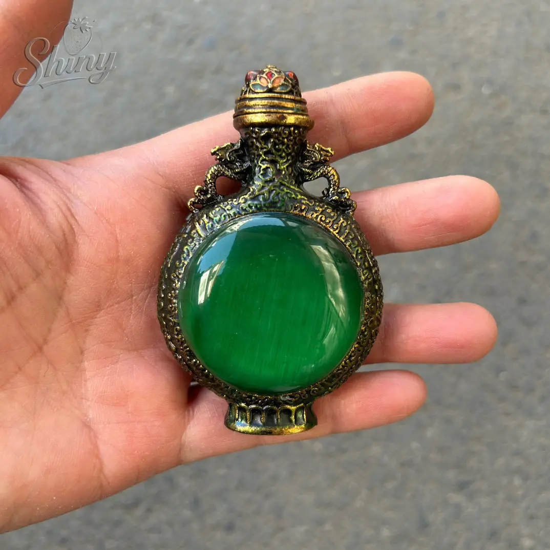 

Antique Handmade Double-sided Copper Inlaid Emerald Snuff Bottle Handle Home Accessories