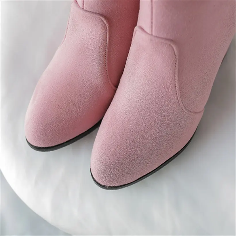 Big Size Winter Autumn Women Ankle Boots High Square Heels Pink Flock Stud Pearl Round Toe Casual Office Lady Zipper Short Boots