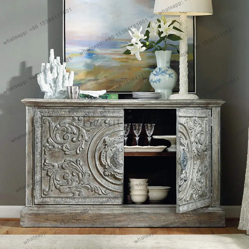 

American old retro dining side cabinet living room French carved solid wood entrance cabinet