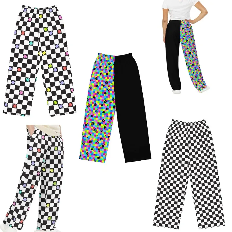 Small Flower Checkerboard Splicing Wide Leg Pants for Children, Adults, Summer Couples, Versatile Dopamine Casual Vacation Pants