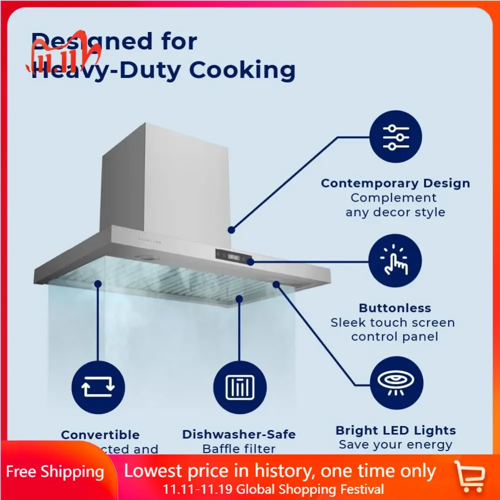 

30 Inch Range Hood, Low Noise Performance | Contemporary Design, Full-Size Handles, Professional-Grade Baffle Filters