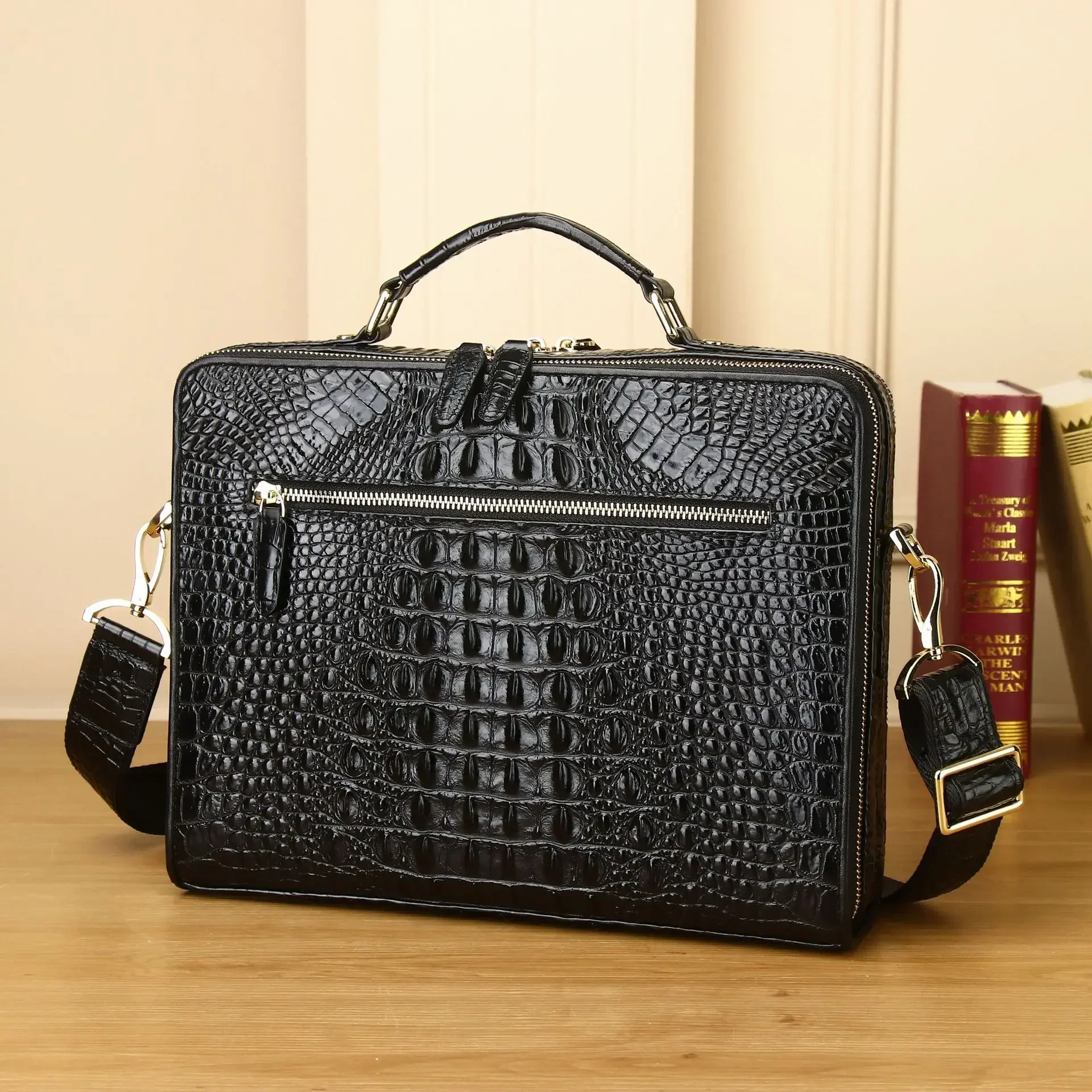 Tas Kantor Pria Bisnis Kulit Asli Sapi Pola Buaya Tas Bahu Pria Tas Komputer Laptop Messenger Pria WT120