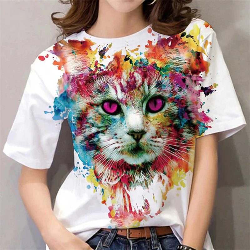 T-shirt imprimé chat mignon pour femme, t-shirts College en 3D, t-shirts animaux à la mode, t-shirts