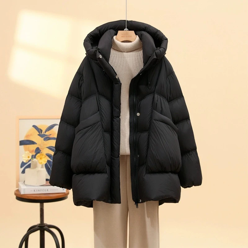 Schinteon feminino pato branco para baixo jaqueta casual solto outono inverno outwear com capuz grosso quente macio e confortável casaco 2025 novo