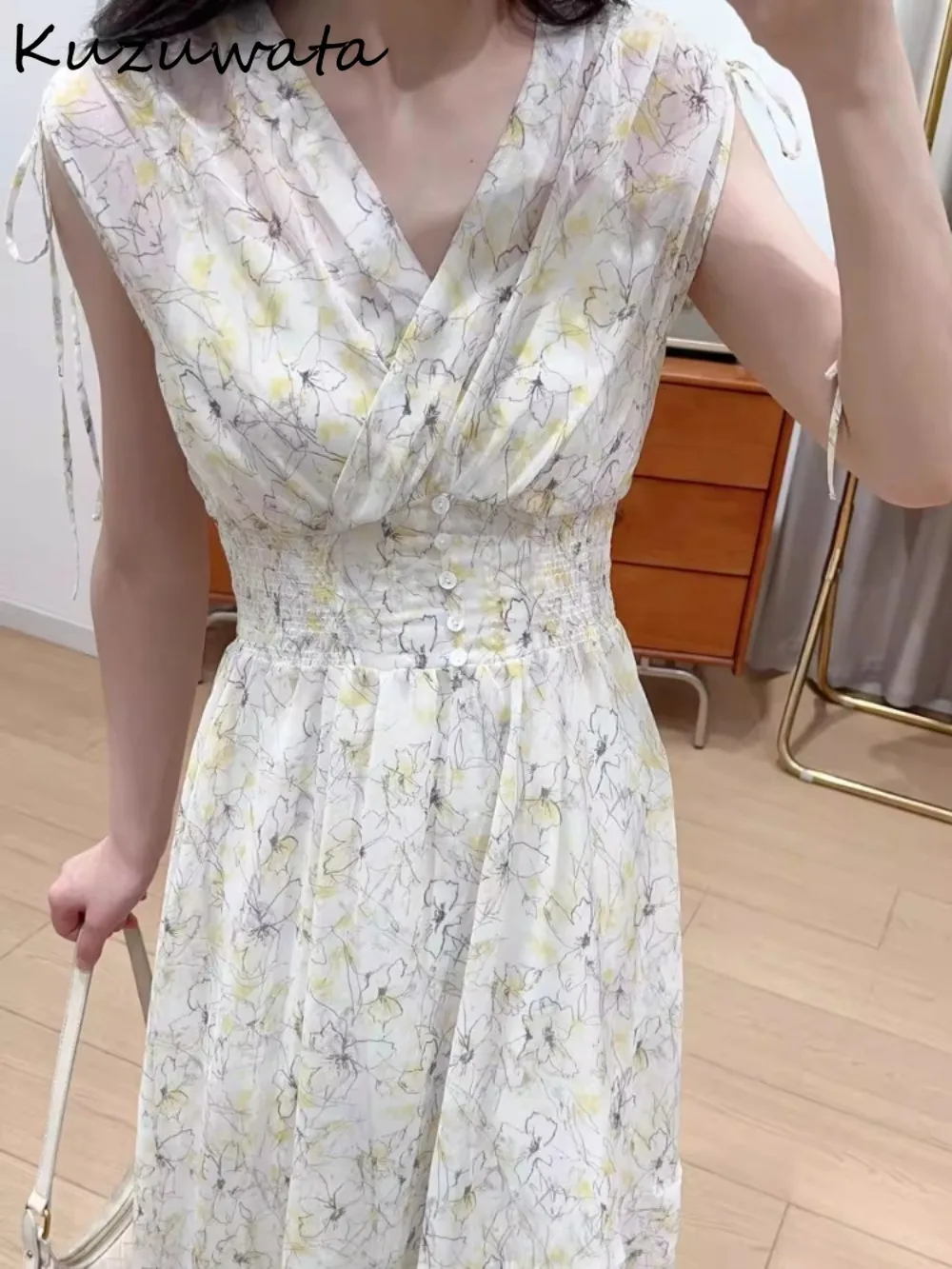 

Kuzuwata Sweet Fresh New V Neck Vestidos Drawstring Print Stretch Waist Mid-length Fairy Dress Japan Elegant Slim Big Swing Robe