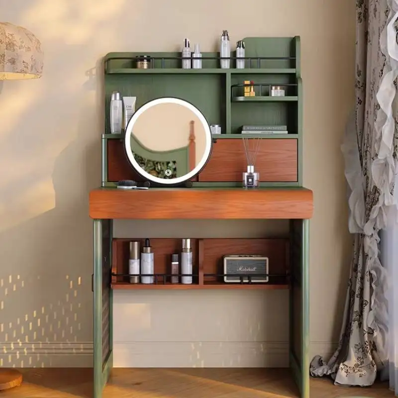 

Nordic French Vanity Table Storage Aesthetic Beauty Wooden Makeup Cabinet Mirror Adult Luxury Penteadeira Feminina Furniture