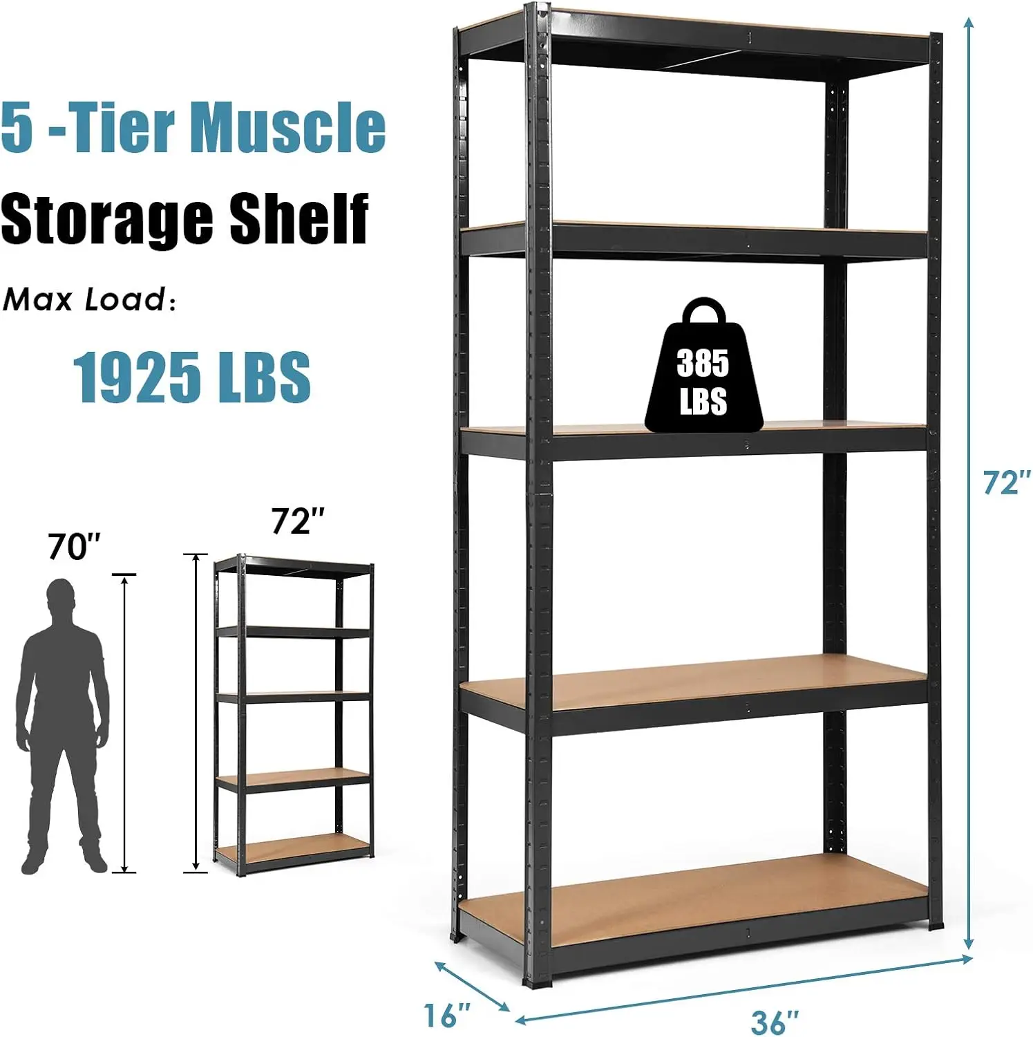 Ergomaster 5 Tier Utility Shelves Rack Garage Heavy Duty Steel Metal Shelving Unit With Adjustable Design, Bolt-Free Assembly &