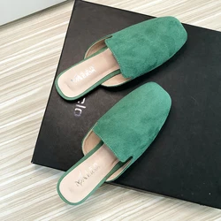 Women Slippers Velvet Leather Square Toe Solid Color Summer Outdoor Slippers for Women Flat Heel Sandals Black Slippers 33-43