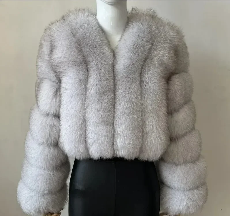 Casaco de pele de raposa falsa para mulheres, manga longa, vison quente, jaquetas curtas, outwear peludo, elegante e elegante, alta qualidade,