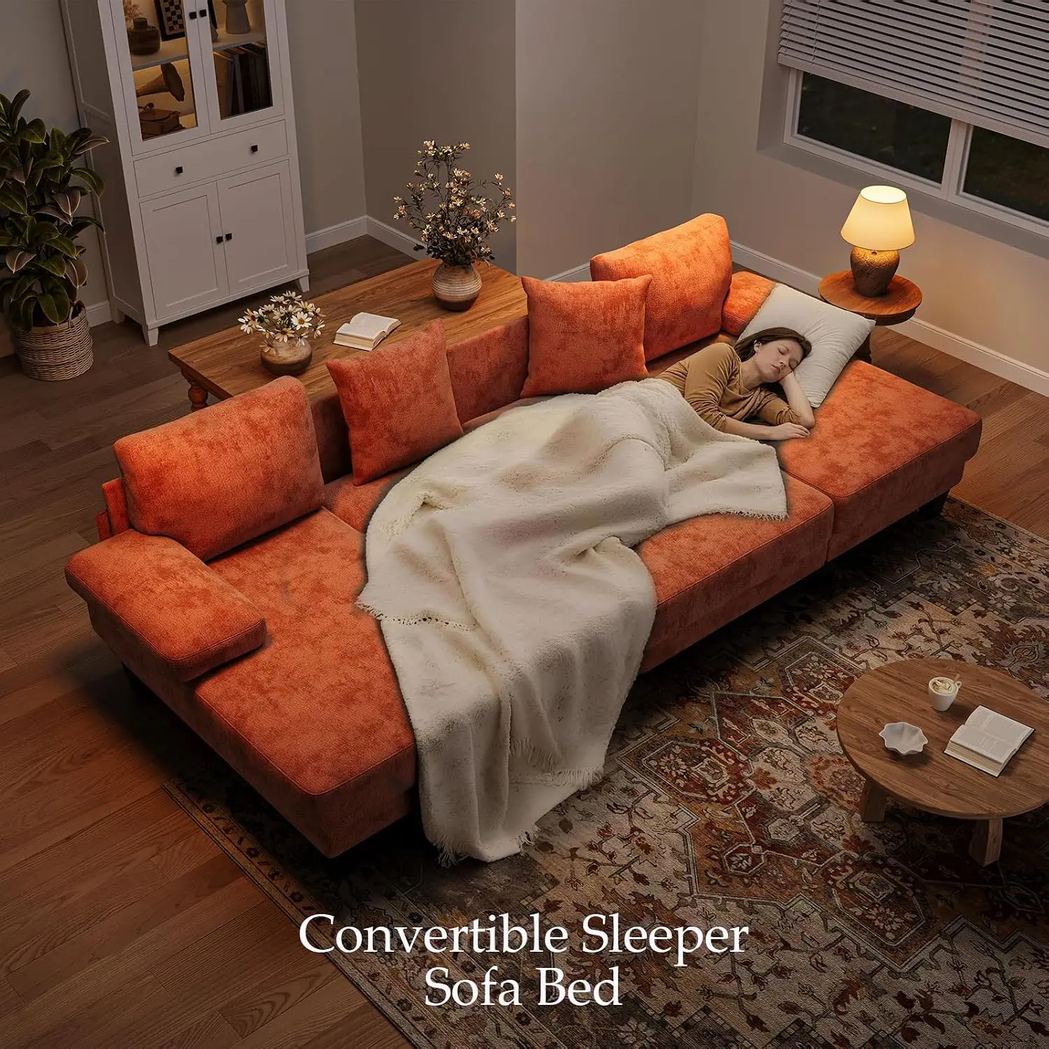 112 Inch U-Shaped Sleeper Sofa with Pull Out Bed, Chenille Fabric for Living Room, Customized
