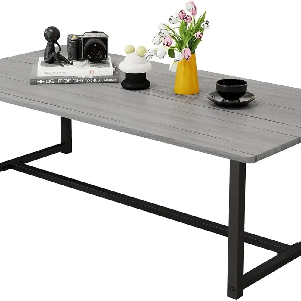 Mid-Century Rectangular Wooden Coffee Table with Metal Frame, Grey Finish, Easy Assembly for Living Room