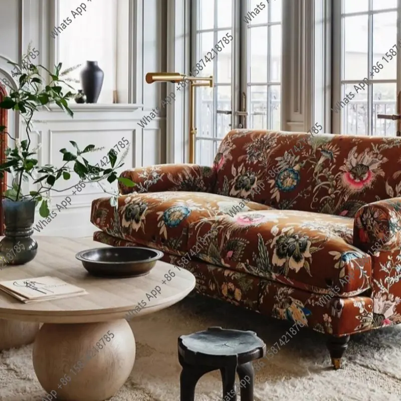 American pastoral living room straight row three-person antique sofa British retro flannel printed fabric sofa