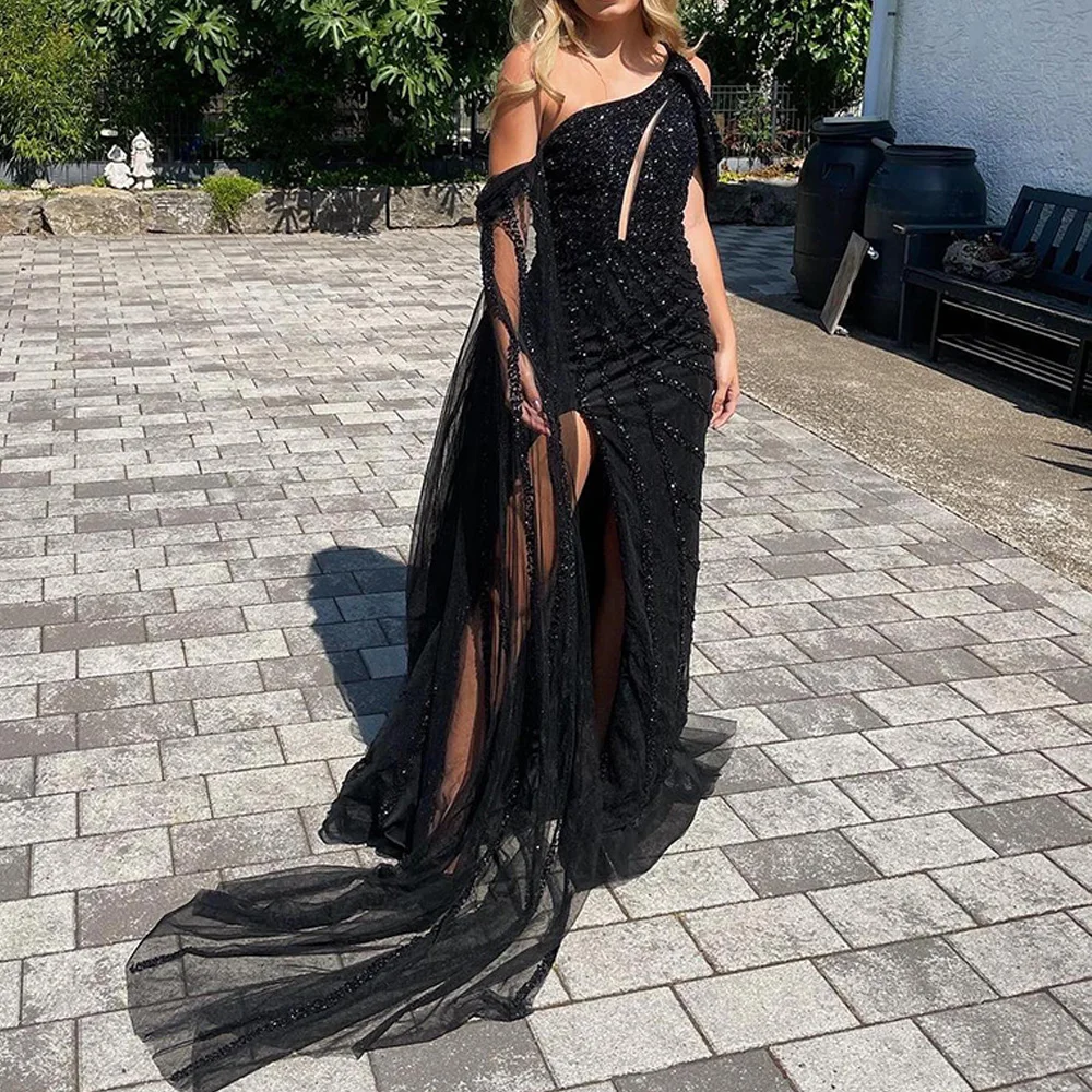 Customized Fashion Tulle Straight One Shoulder Sequined Evening Dress Long Sleeves Panel Train Zipper Back Homecoming Dress