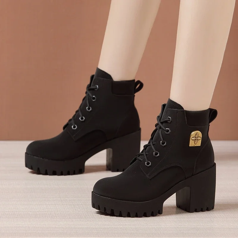 Botas de ante británico con plataforma y tacón alto, botines de 8cm y 10cm, 32-43 talla pequeña, para oficina, invierno, 2025