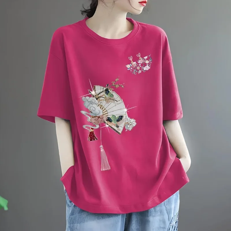 Women's Solid O-Neck Short Sleep Loose Chinese Style Pullovers Fashion Casual All Match Commute Tops XQ370