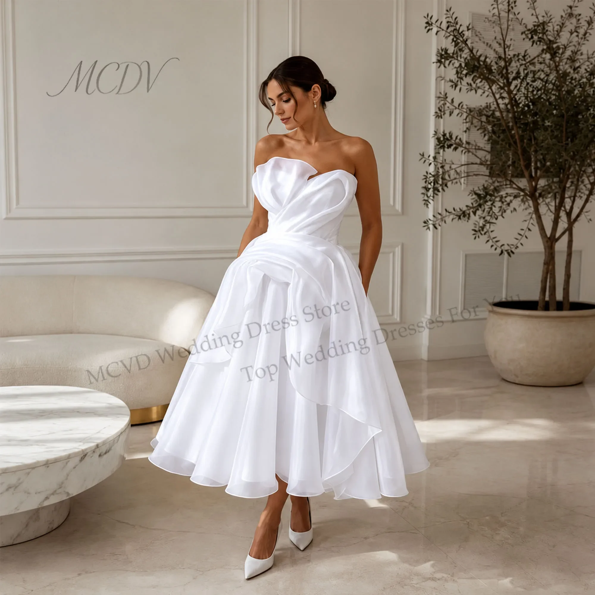 Midi Simple Wedding Dress 2026 Organza A Line Bridal Gown Corset Back Short Reception Dress Civil Vestido Noiva Midi Customized