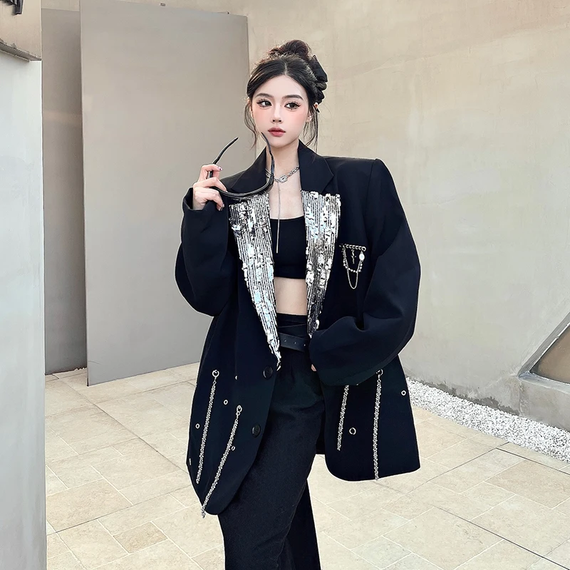 Women Black Sequin Spliced Metal Chain Blazer New Lapel Long Sleeve Jacket Fashion Tide Spring Autumn 2025 Coat Women Clothing