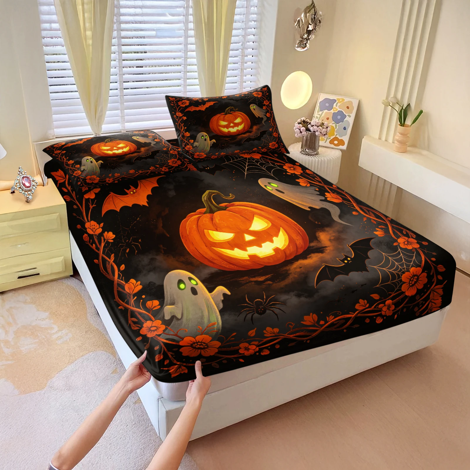 Halloween Pumpkin Ghost Bat Fitted Sheet Set Elastic Bed Sheet with Pillowcase Spider Web Floral Decorative Mattress Protector