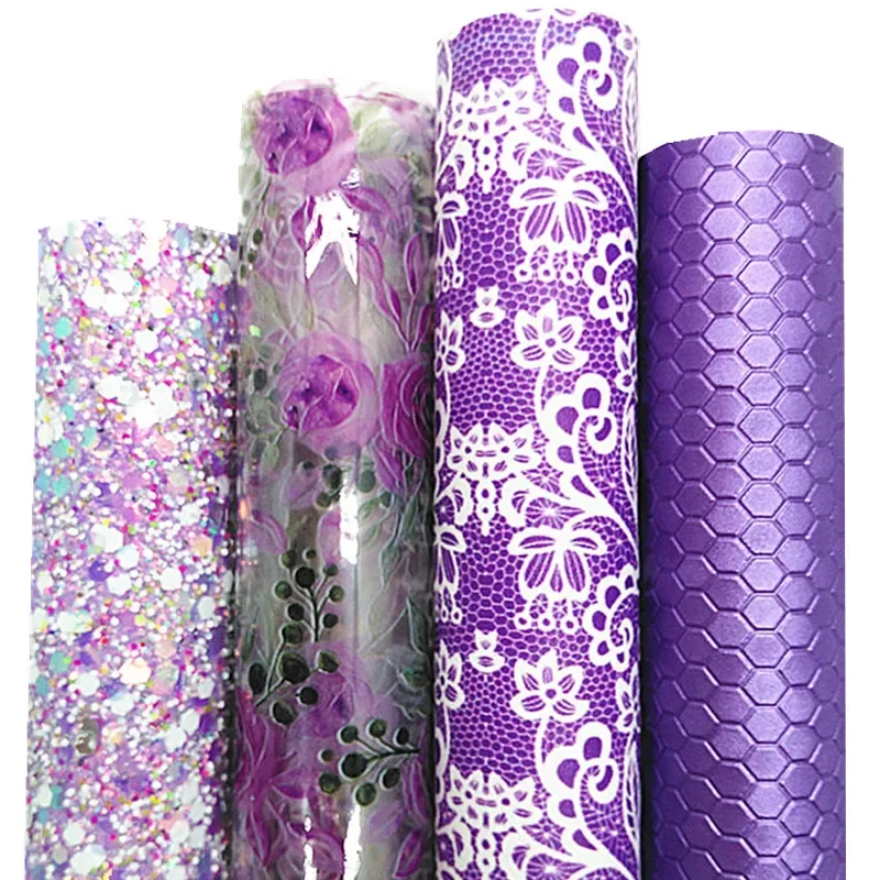 Purple Chunky Glitter Leather Lace Flowers Printed Synthetic Leather Rose Jelly Vinyl Leather Sheets For Bows DIY 21x29CM Q629