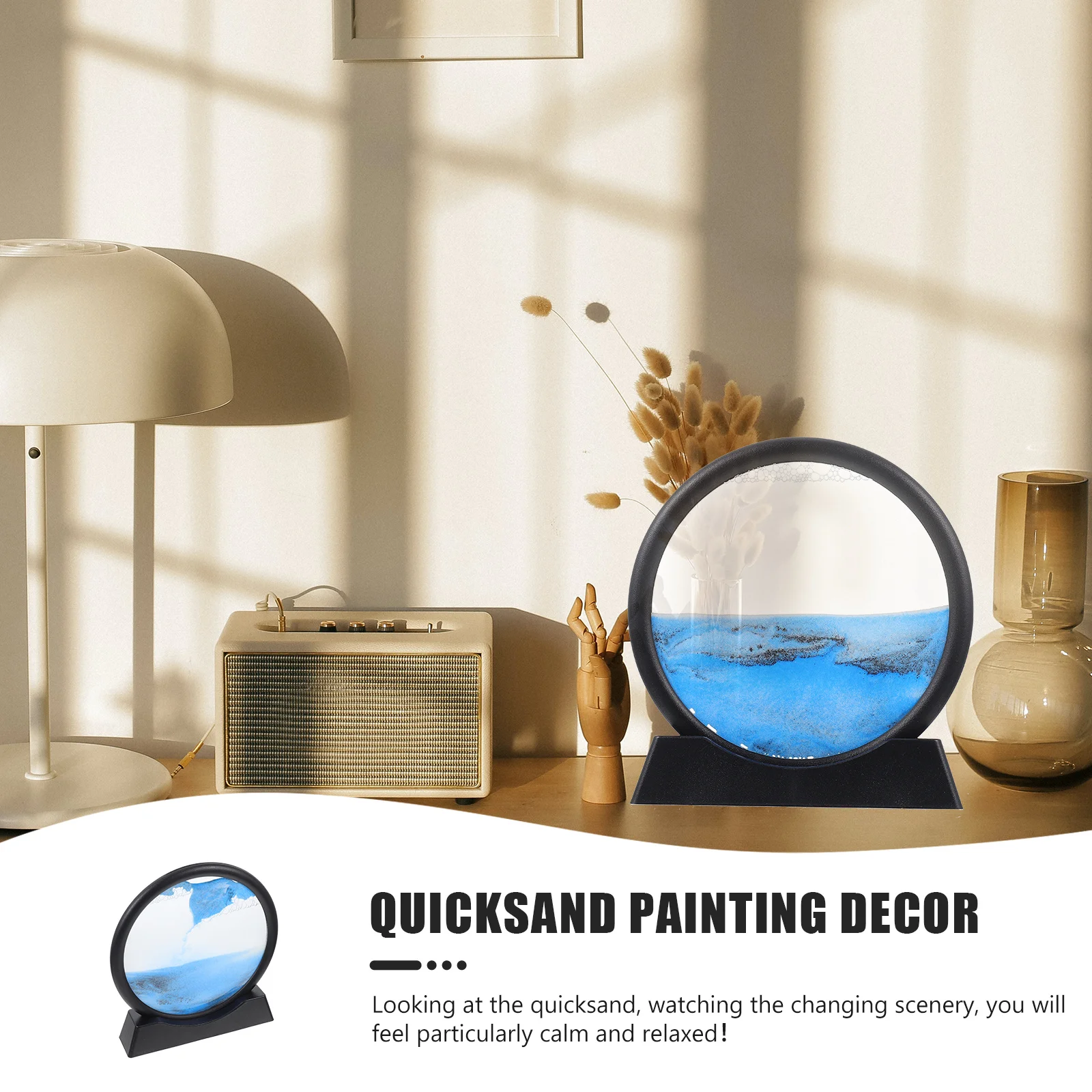 丸いガラスの3D深海砂景フローサンド額縁、オフィスデスクトップ装飾用、芸術的な流砂絵画飾り