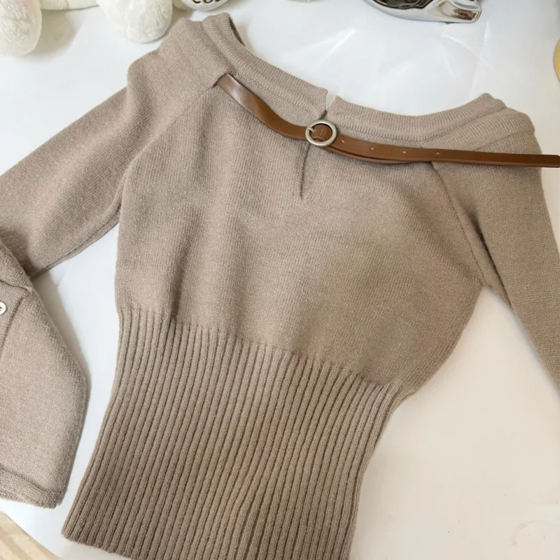 Korean Style Off Shoulder Knitted Sweater Women 2024 Fashion Casual Elegant Long Sleeve Backless Woman Slash Neck Basic Tops