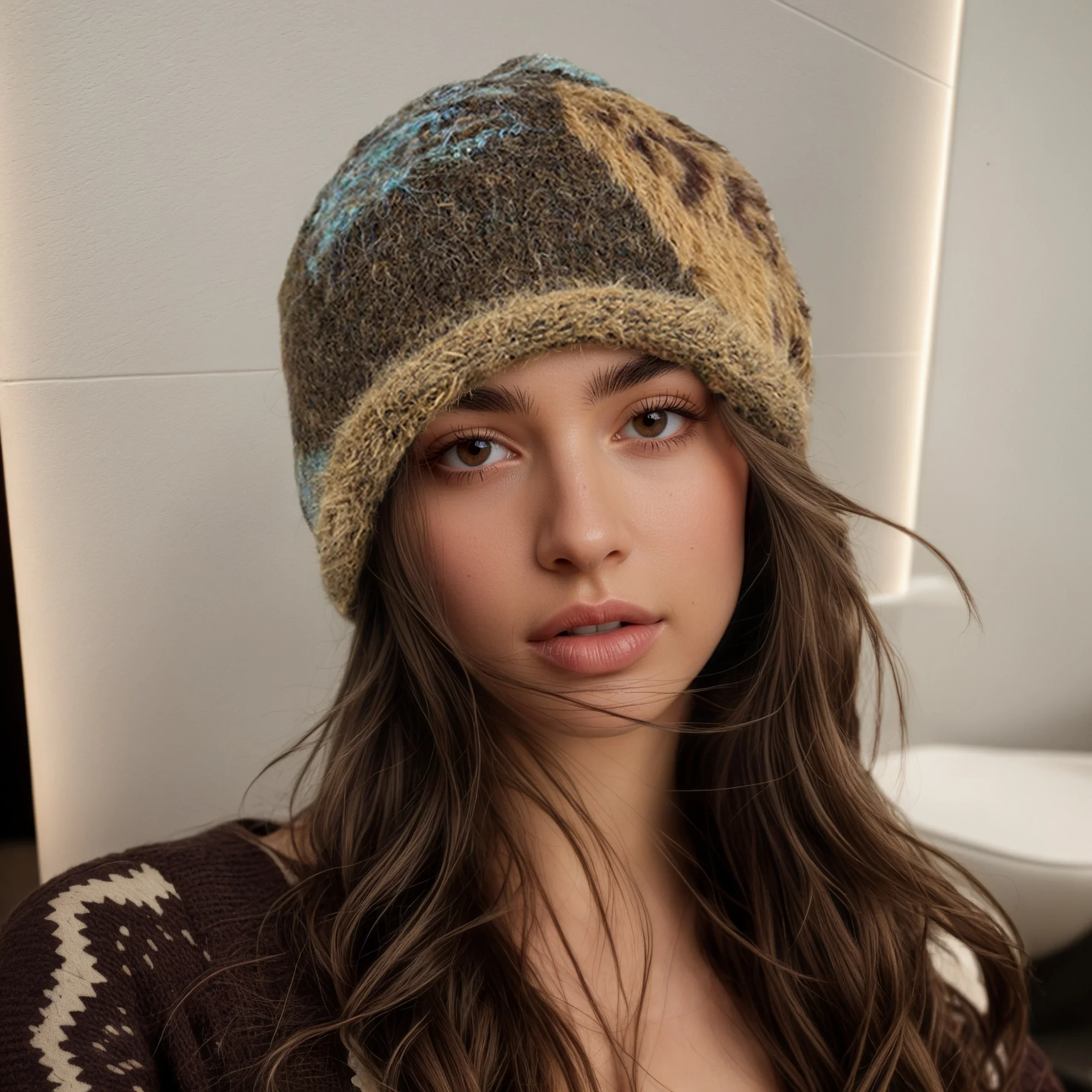 Retro Coffee Slouchy Beanie with Leopard Print & Ear Flap – Knit Warm Winter Hat for Plus Size, Korean Style Cap