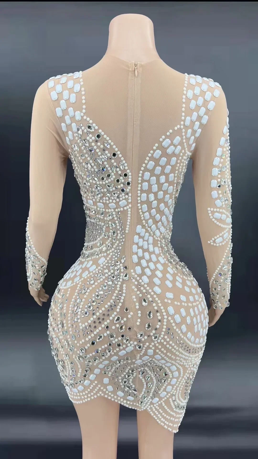 Vestido tubo de manga larga de gasa Sexy con perlas de cristal y diamantes de imitación brillantes desnudos para mujer, ropa para fiesta y Club, disfraz de escenario musical