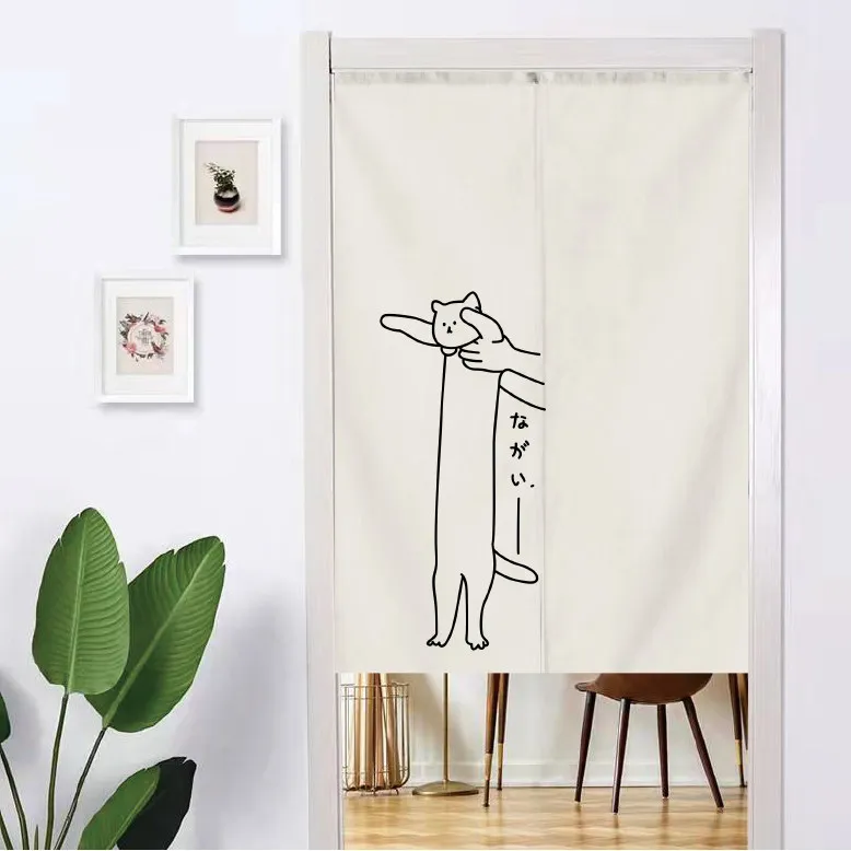 VIKAMA Line Art Long Cat Noren Door Curtain Minimalist Japanese Print Hanging Curtain Bedroom Door Partition Simple Home Decor