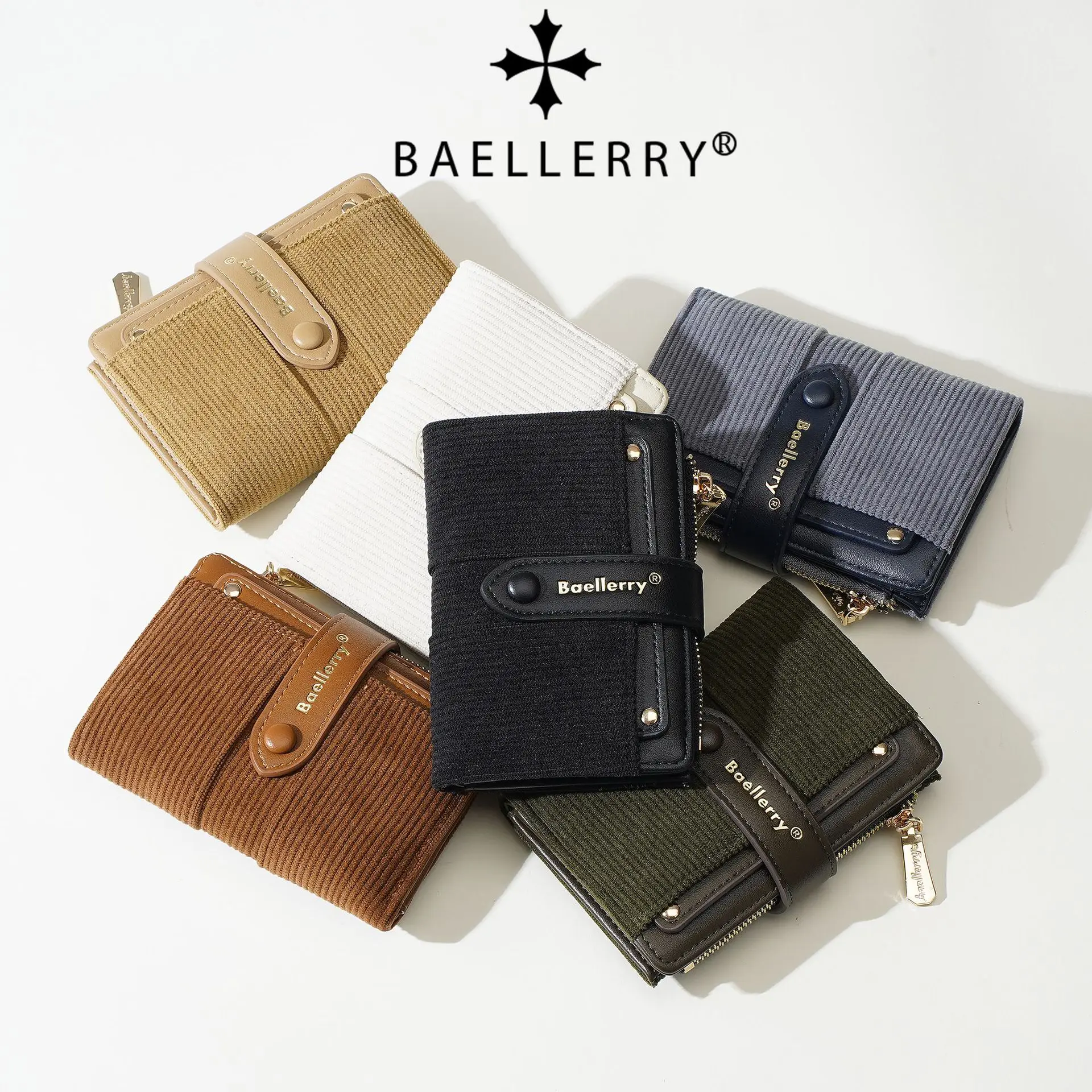Baellerry Women Corduroy Short Wallet Snap Button Zipper Coin Purse Multi Card Slots ID Card Holder Vintage Portable Small Purse