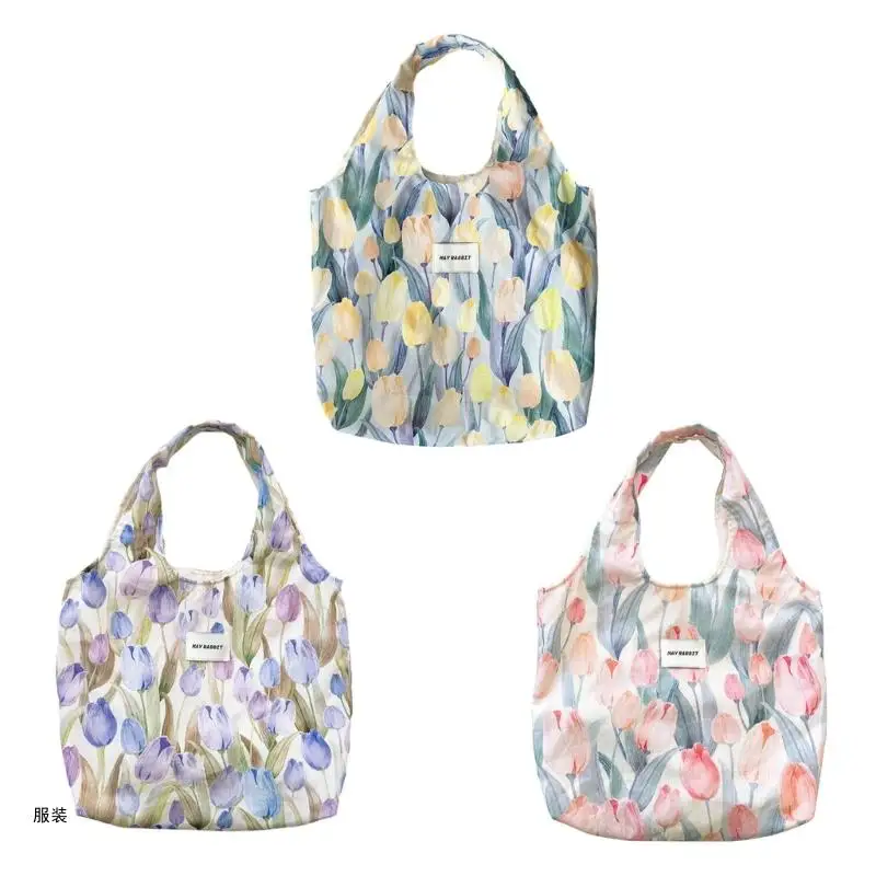 D0UD 2023 Grocery Bag Shoulder Bag Floral Tote Bag for Girl Women Large Capacity Shopping Bag Fashion Tulips Pattern Handbag