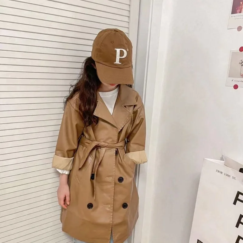 

Женский плащ из искусственной кожи с двубортными лацканами с приталенной талией в мотоциклетном стиле, осенне-зимнее пальто средней длины