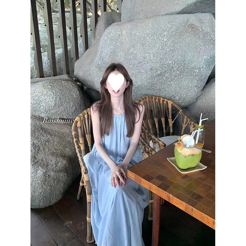 Dresses Spring Summer Basics Daily Folds Plain Sleeveless Scoop Neck Maxi Cami Vacation Dresses For Women